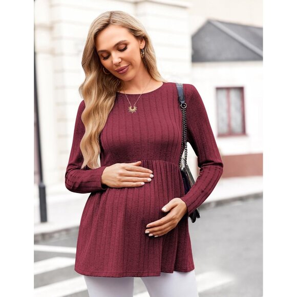 Womens Maternity Long Sleeve Top Ribbed Crew Neck Pregnancy Shirt Plus Size - Picture 2 of 5
